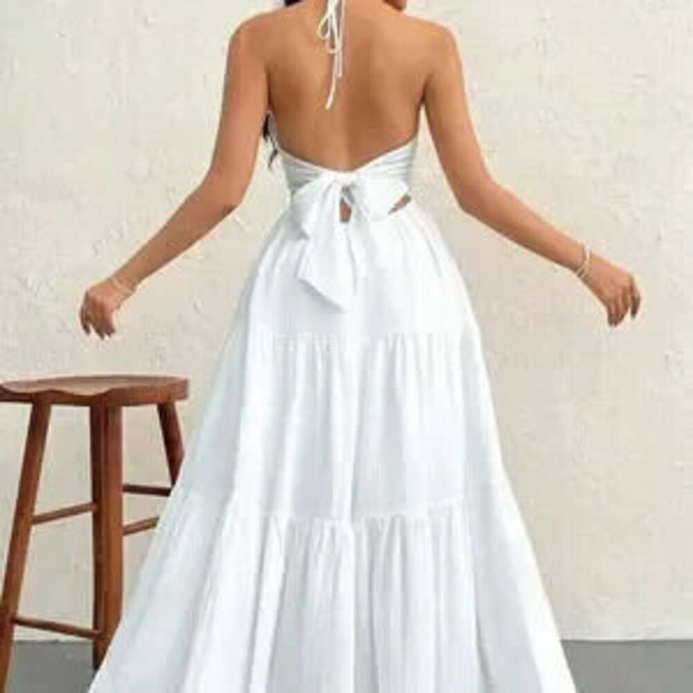 White Sexy Women's Crepe Halter Neck Tie Backless Maxi Dress - Picture 2 of 3